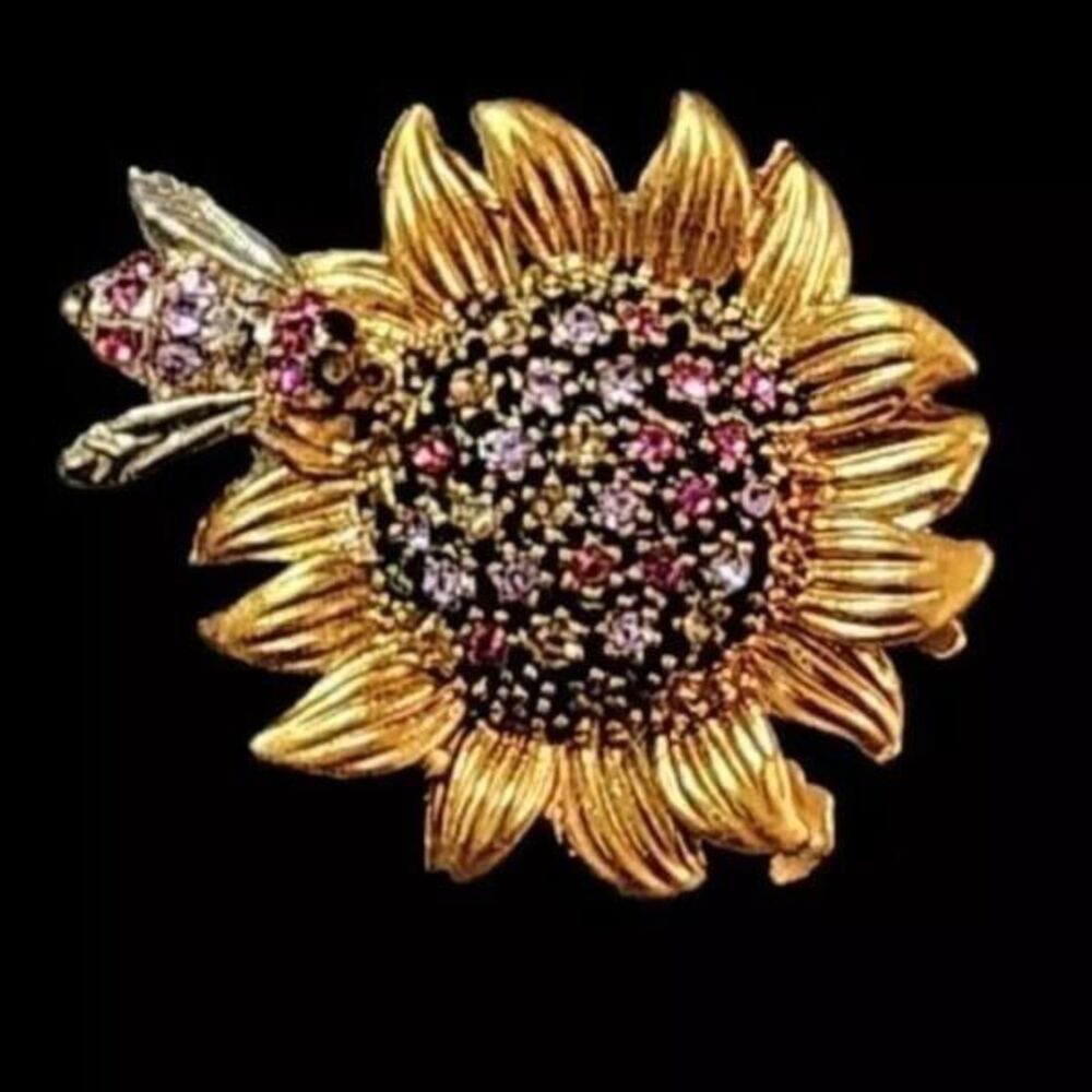 Vintage Rhinestone Bee And Sunflower Crystal Brooch Pin